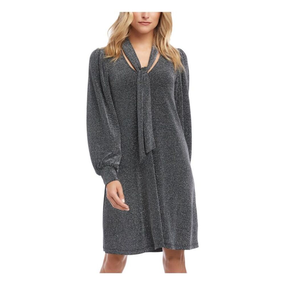 KAREN KANE Womens Silver Long Sleeve Tie Neck Short Cocktail Fit + Flare Dress S